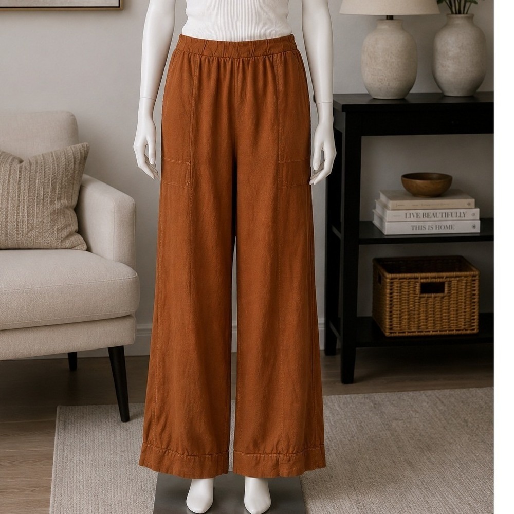 Free-est Womens Wide Leg Pants Terracotta Boho Elastic Waist Pockets XL